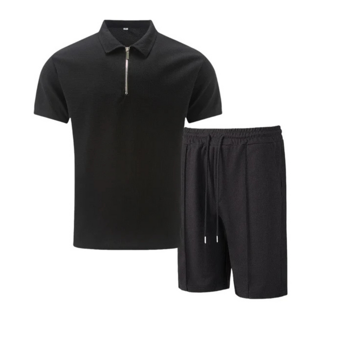 "Men's cotton co-ord set with a short-sleeved zip-neck polo and drawstring shorts, perfect for casual summer style."