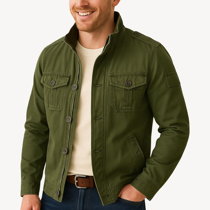"Men's cotton field jacket, military style, army green, front view with four flap pockets and stand-up collar."