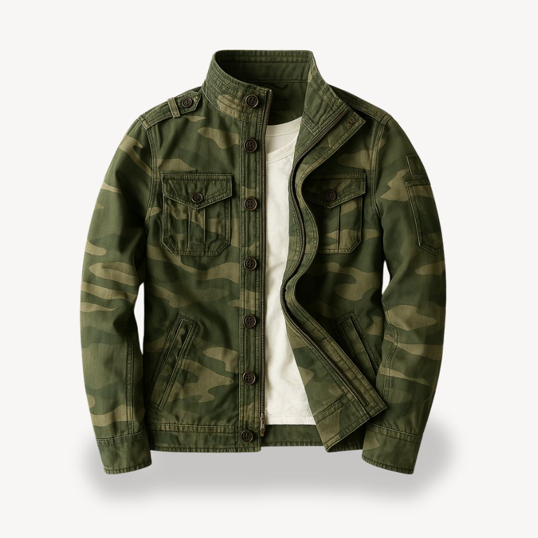 "Men's cotton field jacket, military style, army green, front view with four flap pockets and stand-up collar."