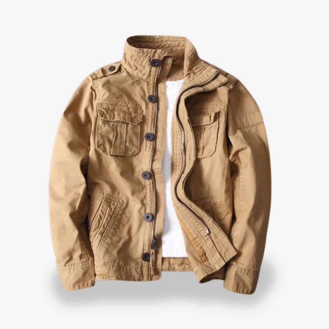 "Men's cotton field jacket, military style, army green, front view with four flap pockets and stand-up collar."