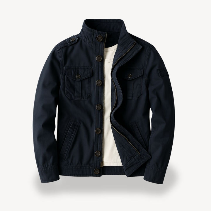 "Men's cotton field jacket, military style, army green, front view with four flap pockets and stand-up collar."