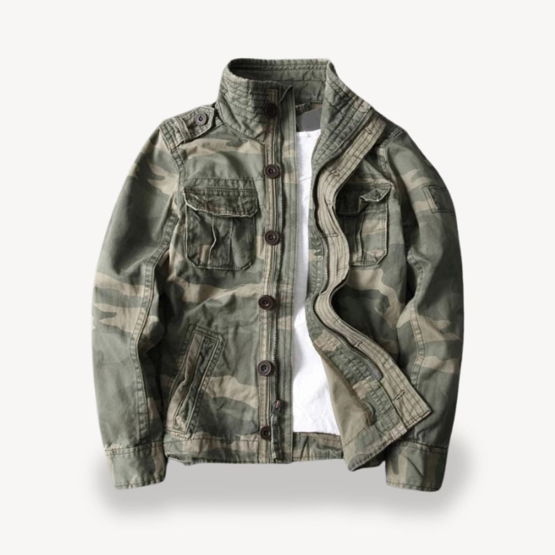 "Men's cotton field jacket, military style, army green, front view with four flap pockets and stand-up collar."
