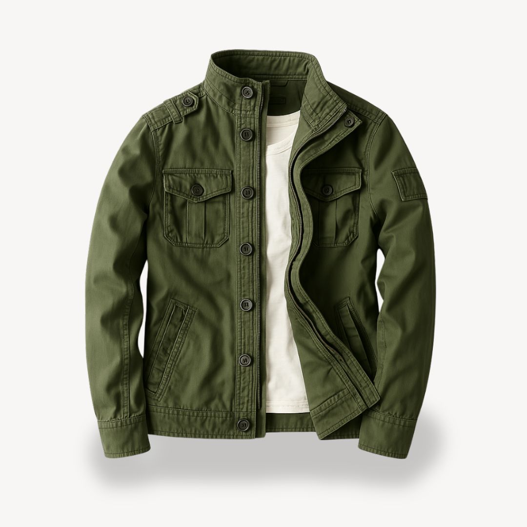 "Men's cotton field jacket, military style, army green, front view with four flap pockets and stand-up collar."