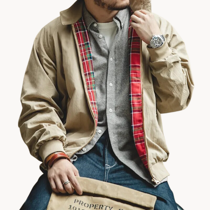 Men's cotton Harrington jacket, front view; classic lapel collar and zipper, versatile design for stylish all-season wear.