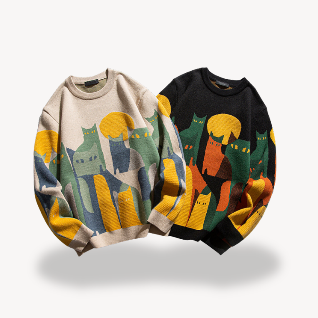 Men's cotton knitted sweater in beige with vintage cat design, perfect for stylish comfort and warmth in cooler seasons.