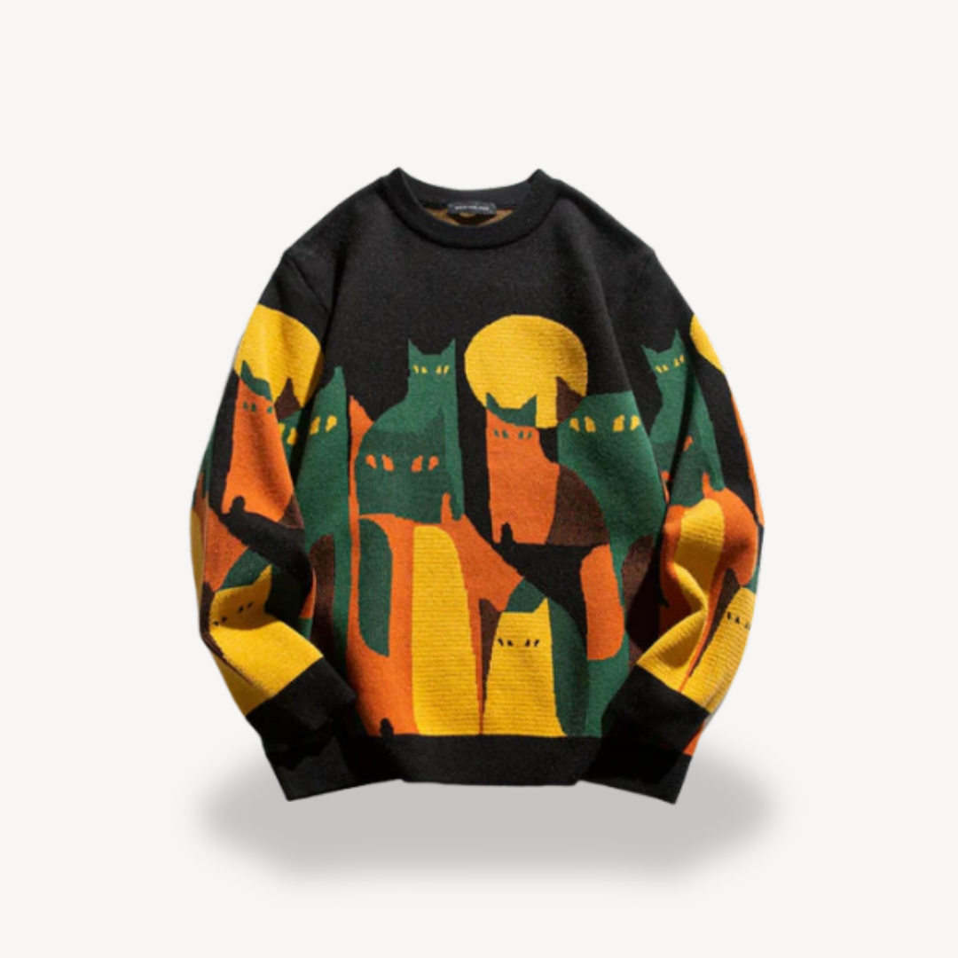 Men's cotton knitted sweater in beige with vintage cat design, perfect for stylish comfort and warmth in cooler seasons.