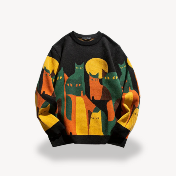 Men's cotton knitted sweater in beige with vintage cat design, perfect for stylish comfort and warmth in cooler seasons.