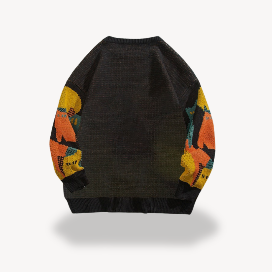 Men's cotton knitted sweater in beige with vintage cat design, perfect for stylish comfort and warmth in cooler seasons.