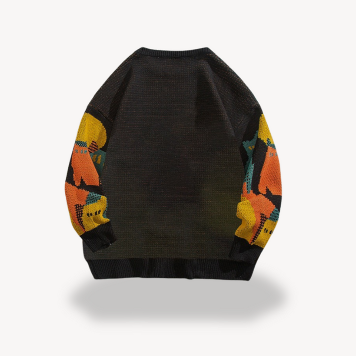 Men's cotton knitted sweater in beige with vintage cat design, perfect for stylish comfort and warmth in cooler seasons.