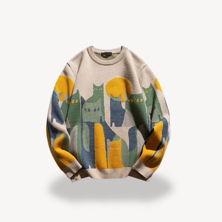 Men's cotton knitted sweater in beige with vintage cat design, perfect for stylish comfort and warmth in cooler seasons.