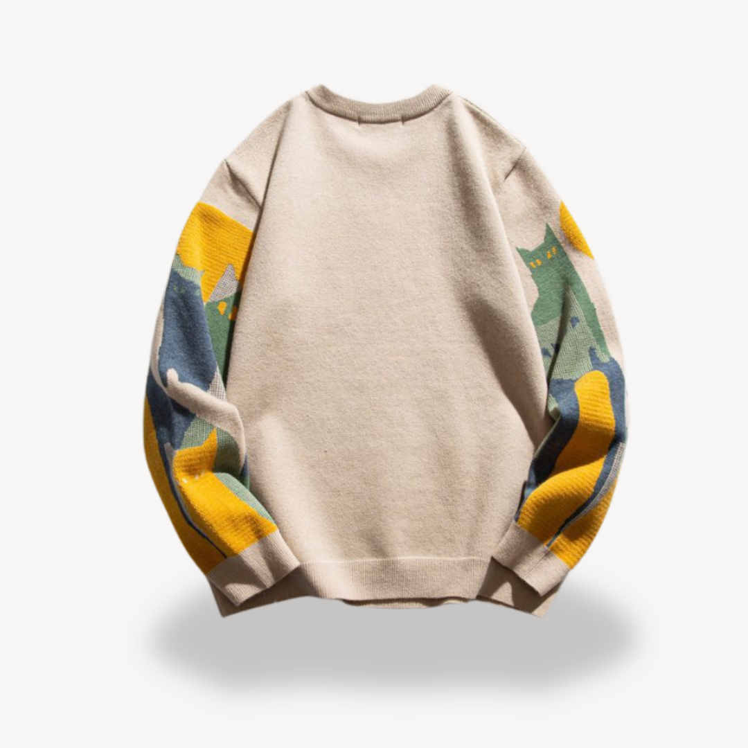 Men's cotton knitted sweater in beige with vintage cat design, perfect for stylish comfort and warmth in cooler seasons.