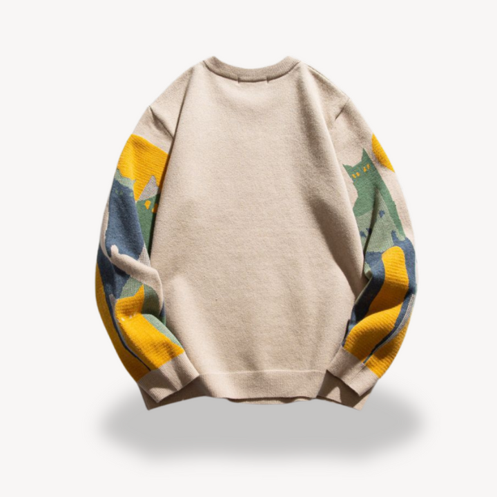 Men's cotton knitted sweater in beige with vintage cat design, perfect for stylish comfort and warmth in cooler seasons.