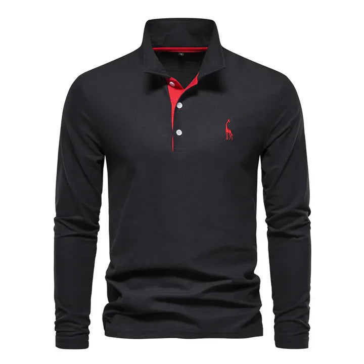 Men's cotton long-sleeved polo shirt with classic collar, shown in stylish black and red, offers modern comfort and elegance.
