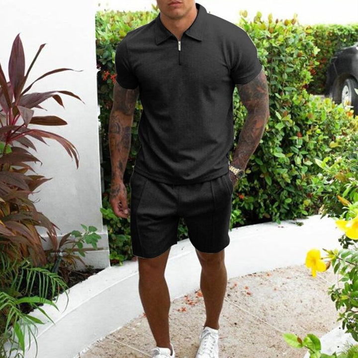 "Men's Cotton Summer Two Piece Set with shorts, short-sleeve shirt, elastic waist, in versatile colors, for casual comfort"
