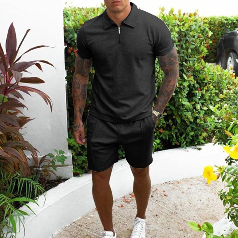 "Men's Cotton Summer Two Piece Set with shorts, short-sleeve shirt, elastic waist, in versatile colors, for casual comfort"