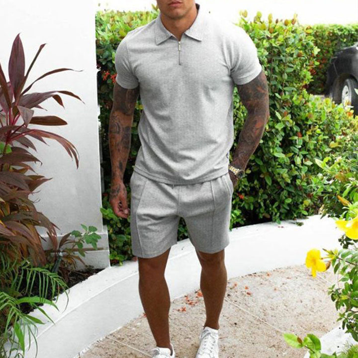 "Men's Cotton Summer Two Piece Set with shorts, short-sleeve shirt, elastic waist, in versatile colors, for casual comfort"