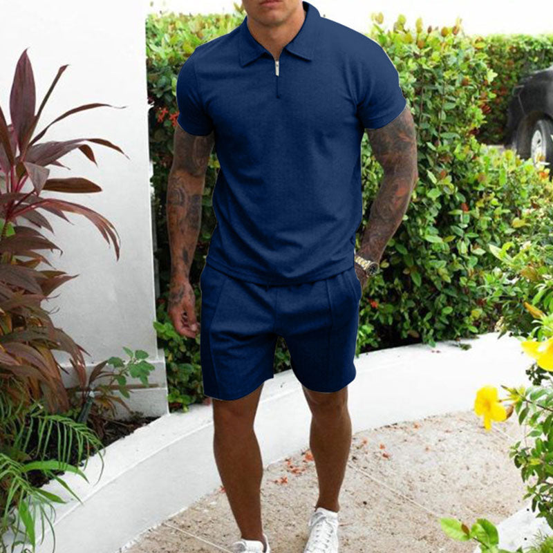 "Men's Cotton Summer Two Piece Set with shorts, short-sleeve shirt, elastic waist, in versatile colors, for casual comfort"