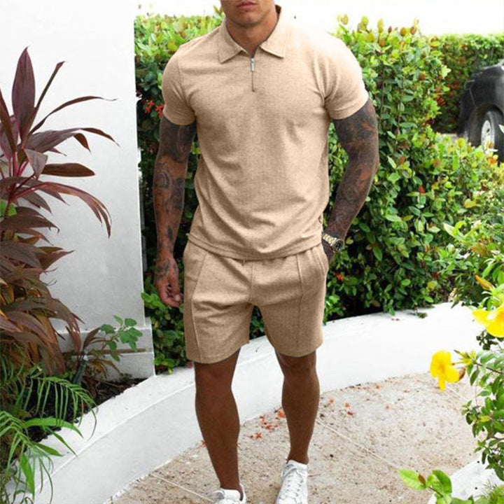 "Men's Cotton Summer Two Piece Set with shorts, short-sleeve shirt, elastic waist, in versatile colors, for casual comfort"