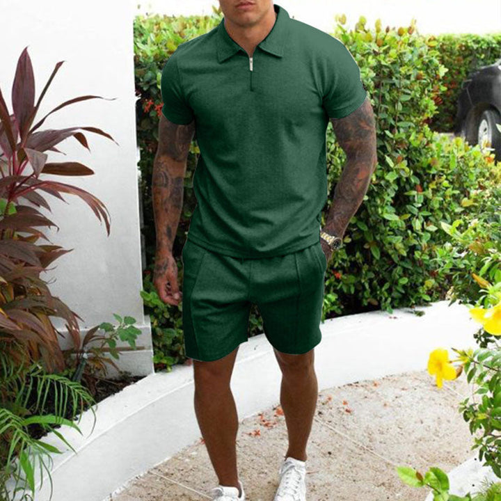 "Men's Cotton Summer Two Piece Set with shorts, short-sleeve shirt, elastic waist, in versatile colors, for casual comfort"