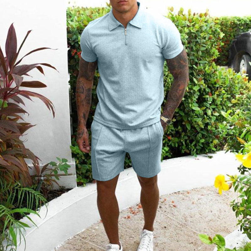 "Men's Cotton Summer Two Piece Set with shorts, short-sleeve shirt, elastic waist, in versatile colors, for casual comfort"
