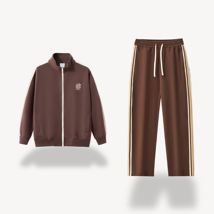 "Men's cotton tracksuit with zip-up jacket, drawstring pants; features sporty stripes, ideal for workouts or casual wear."