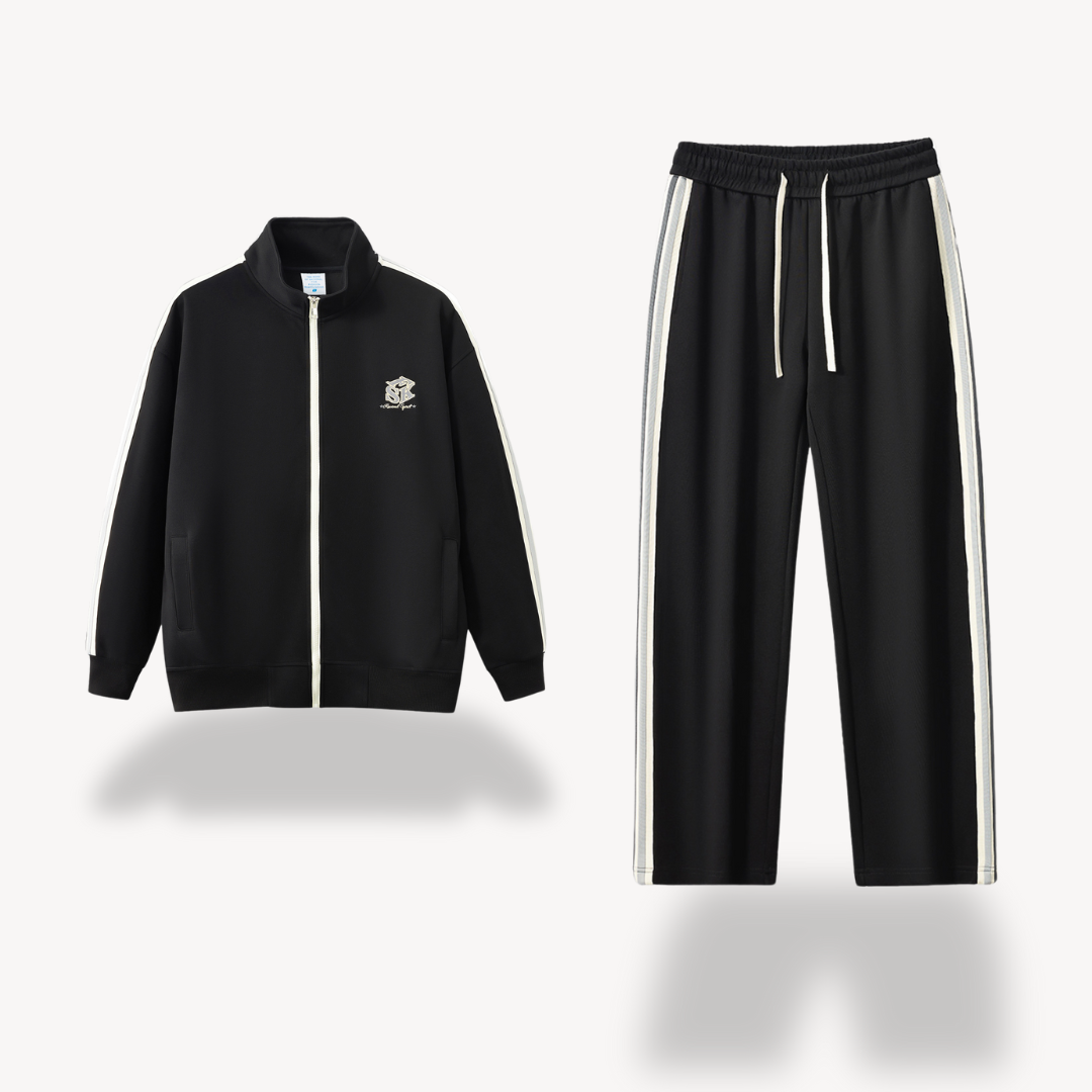"Men's cotton tracksuit with zip-up jacket, drawstring pants; features sporty stripes, ideal for workouts or casual wear."