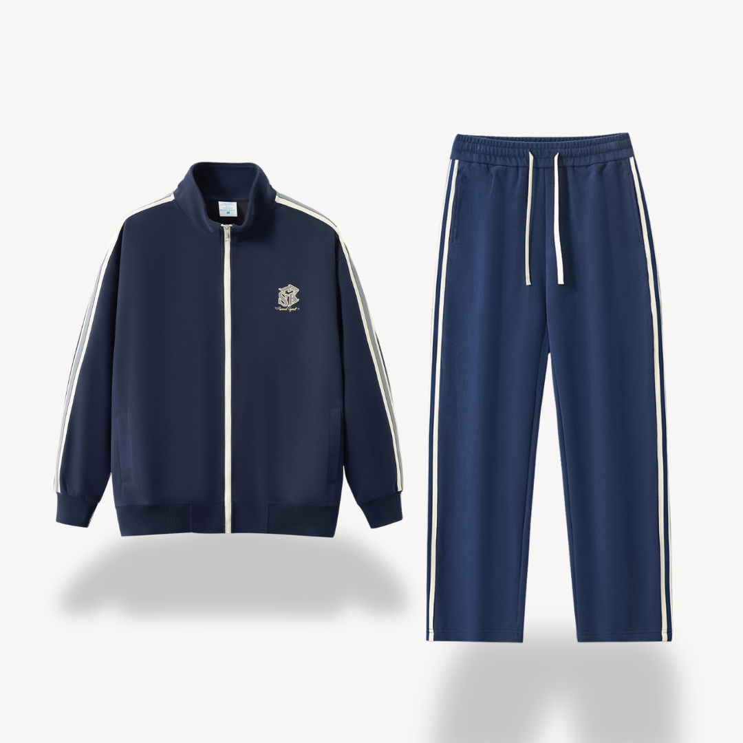 "Men's cotton tracksuit with zip-up jacket, drawstring pants; features sporty stripes, ideal for workouts or casual wear."