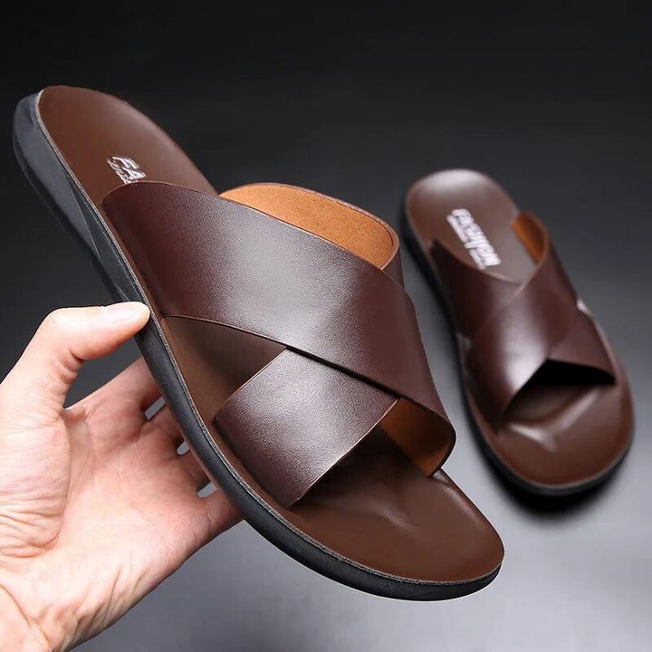"Men's cross strap anti-slip sandals with grip sole, sleek design, and supportive fit for everyday comfort and safety."