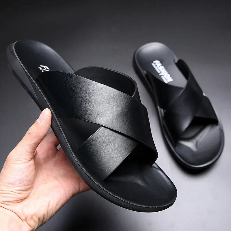 "Men's cross strap anti-slip sandals with grip sole, sleek design, and supportive fit for everyday comfort and safety."