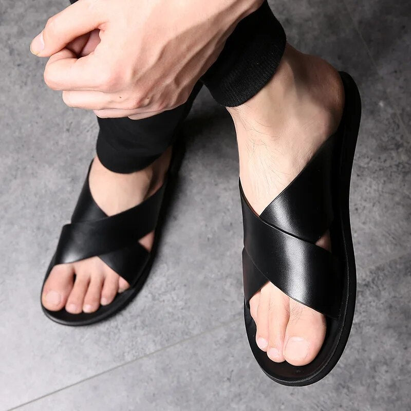 "Men's cross strap anti-slip sandals with grip sole, sleek design, and supportive fit for everyday comfort and safety."