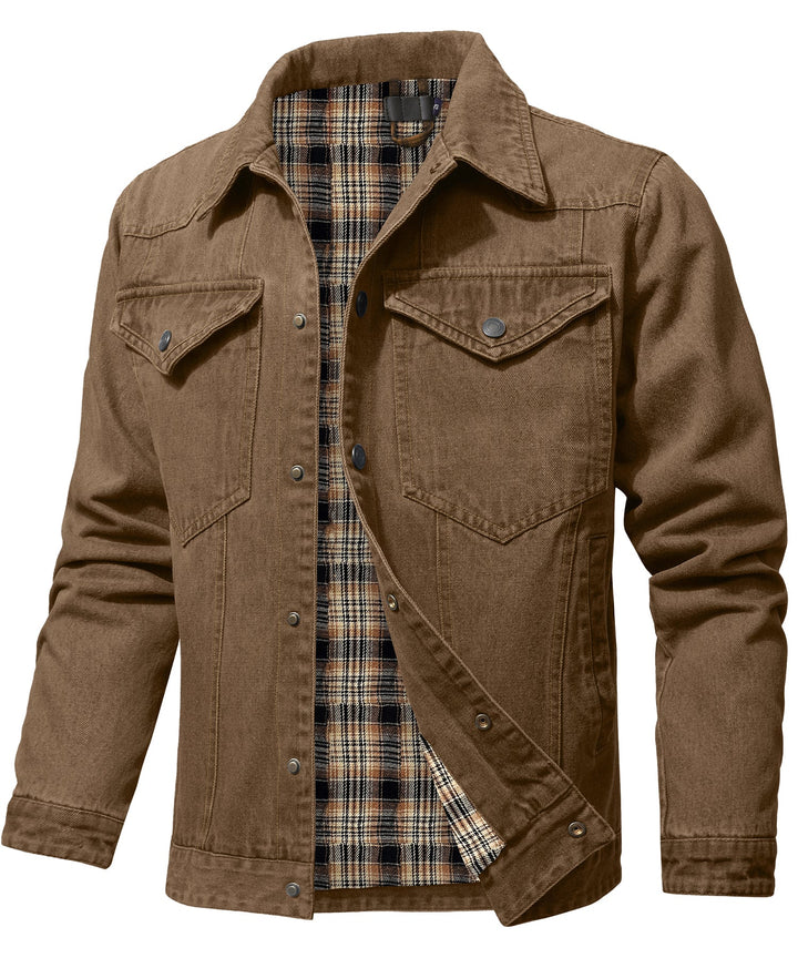 Men's denim wanderer jacket, flannel-lined, brown color, dual chest pockets, button-front closure, rugged and stylish.