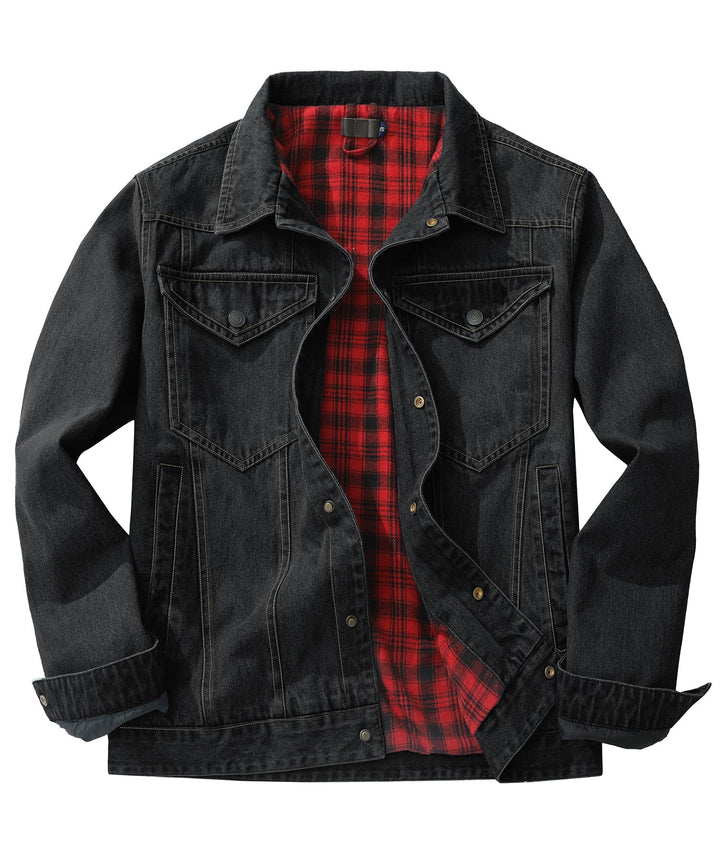 Men's denim wanderer jacket, flannel-lined, brown color, dual chest pockets, button-front closure, rugged and stylish.