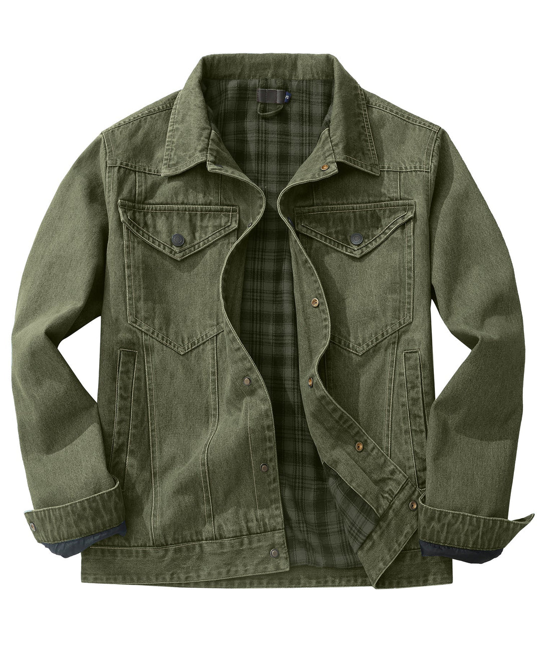 Men's denim wanderer jacket, flannel-lined, brown color, dual chest pockets, button-front closure, rugged and stylish.