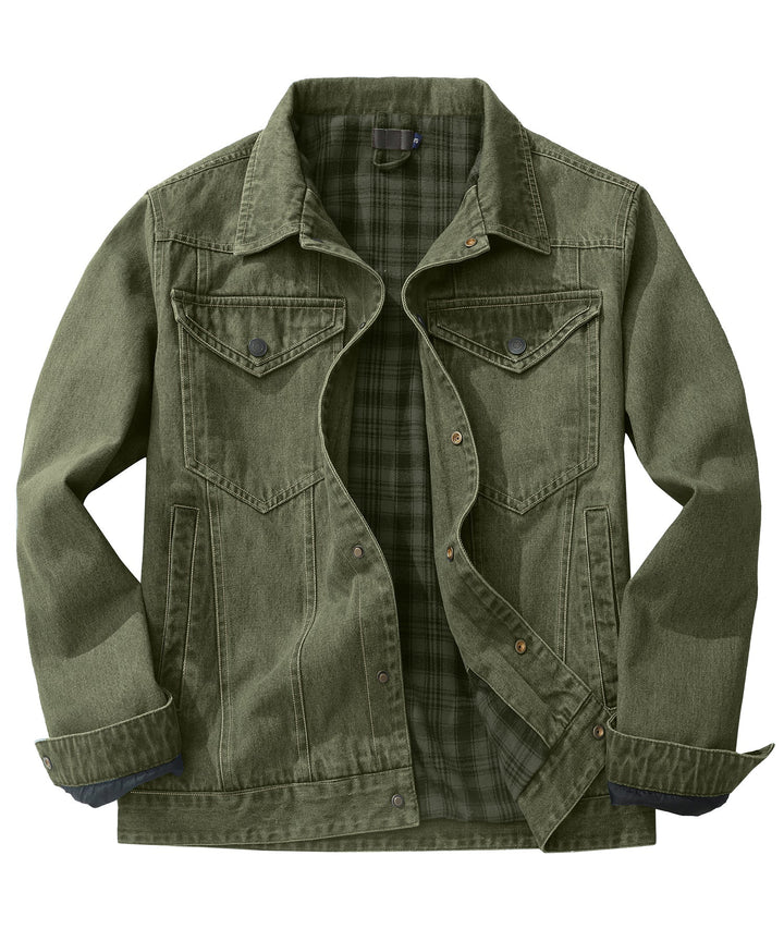 Men's denim wanderer jacket, flannel-lined, brown color, dual chest pockets, button-front closure, rugged and stylish.