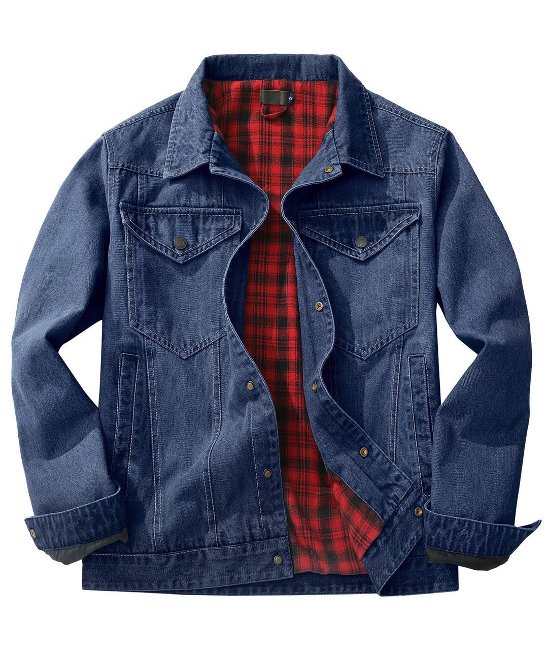 Men's denim wanderer jacket, flannel-lined, brown color, dual chest pockets, button-front closure, rugged and stylish.