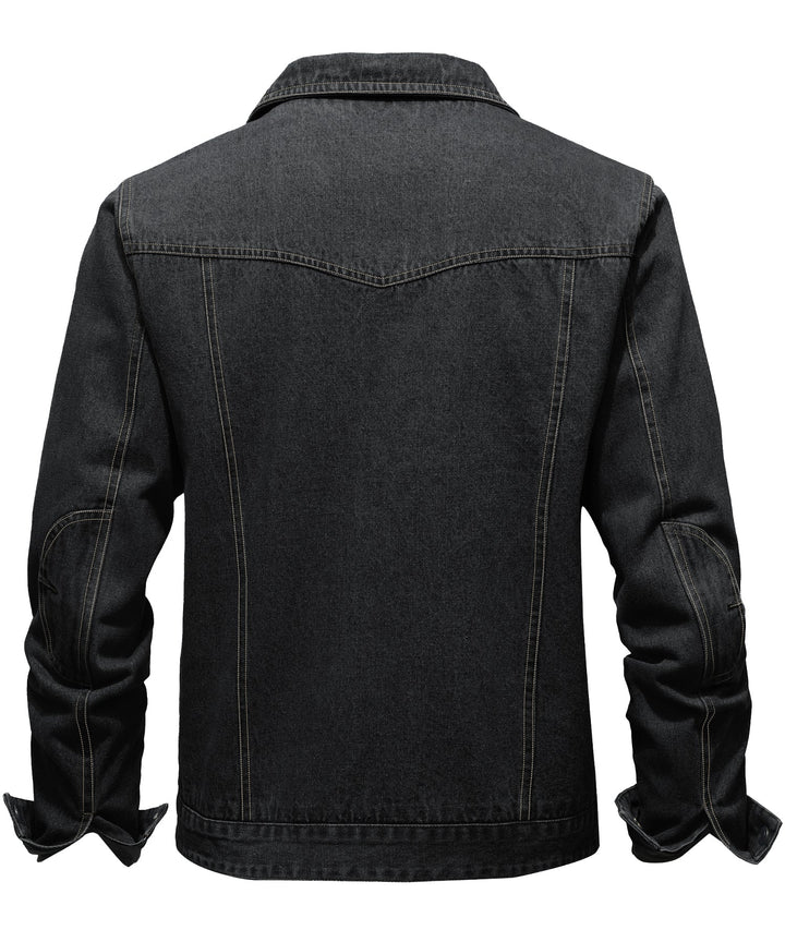 Men's denim wanderer jacket, flannel-lined, brown color, dual chest pockets, button-front closure, rugged and stylish.