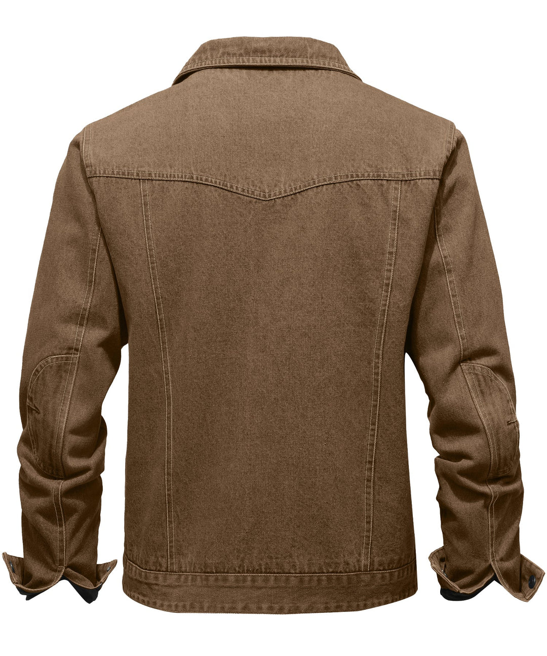 Men's denim wanderer jacket, flannel-lined, brown color, dual chest pockets, button-front closure, rugged and stylish.
