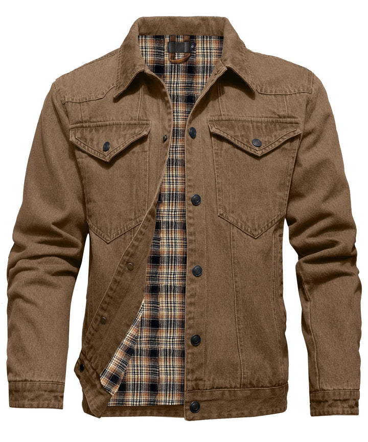 Men's denim wanderer jacket, flannel-lined, brown color, dual chest pockets, button-front closure, rugged and stylish.