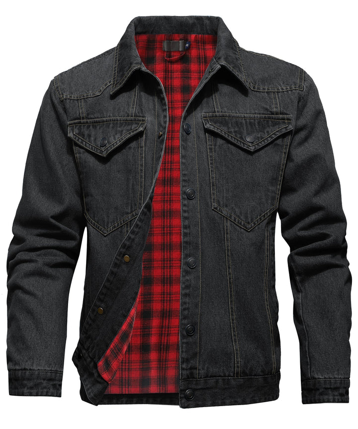 Men's denim wanderer jacket, flannel-lined, brown color, dual chest pockets, button-front closure, rugged and stylish.