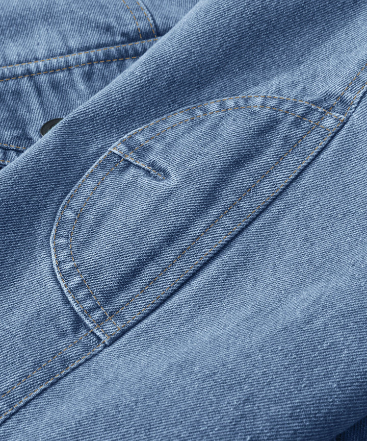 Men's denim wanderer jacket, flannel-lined, brown color, dual chest pockets, button-front closure, rugged and stylish.