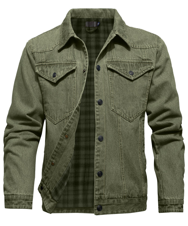 Men's denim wanderer jacket, flannel-lined, brown color, dual chest pockets, button-front closure, rugged and stylish.