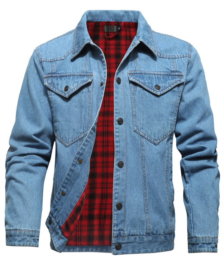 Men's denim wanderer jacket, flannel-lined, brown color, dual chest pockets, button-front closure, rugged and stylish.