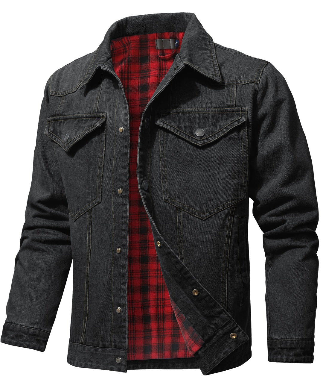 Men's denim wanderer jacket, flannel-lined, brown color, dual chest pockets, button-front closure, rugged and stylish.