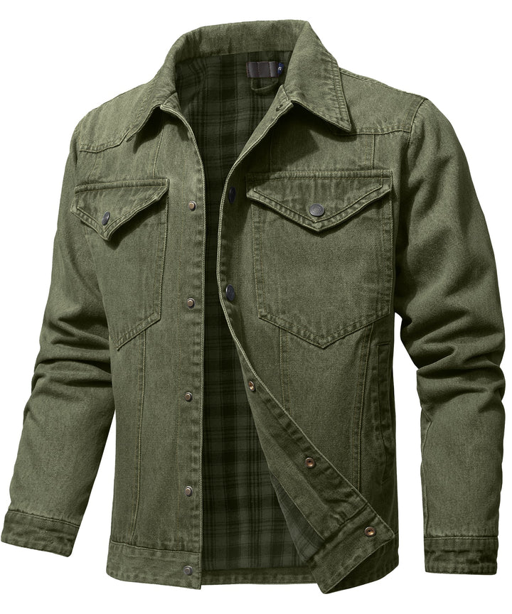 Men's denim wanderer jacket, flannel-lined, brown color, dual chest pockets, button-front closure, rugged and stylish.