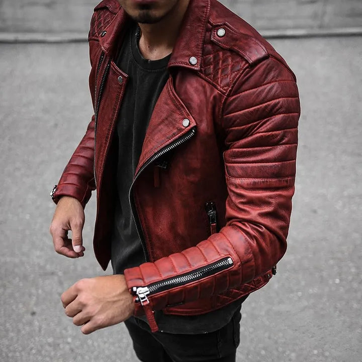 "Men's elegant leather jacket, black with sleek design, perfect for all seasons, versatile for smart and casual looks."