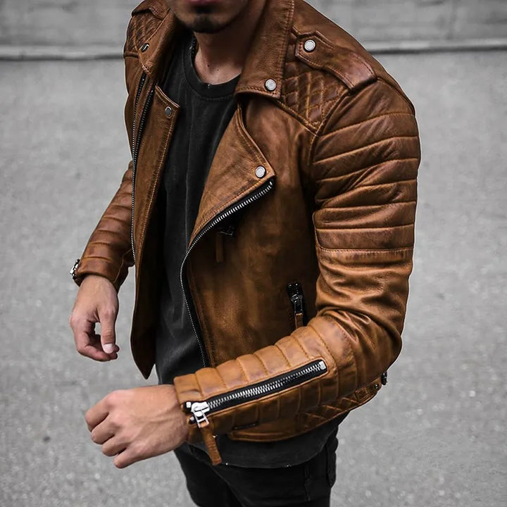 "Men's elegant leather jacket, black with sleek design, perfect for all seasons, versatile for smart and casual looks."