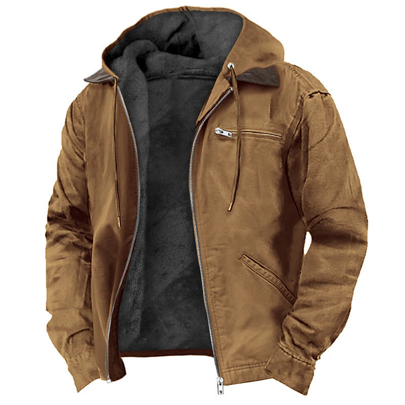 Men's fleece-lined canvas hooded jacket with zip front, rugged durable shell, soft lining, relaxed fit, shown in black.