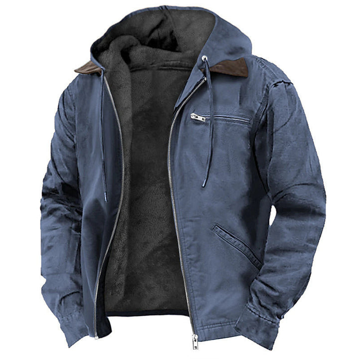 Men's fleece-lined canvas hooded jacket with zip front, rugged durable shell, soft lining, relaxed fit, shown in black.