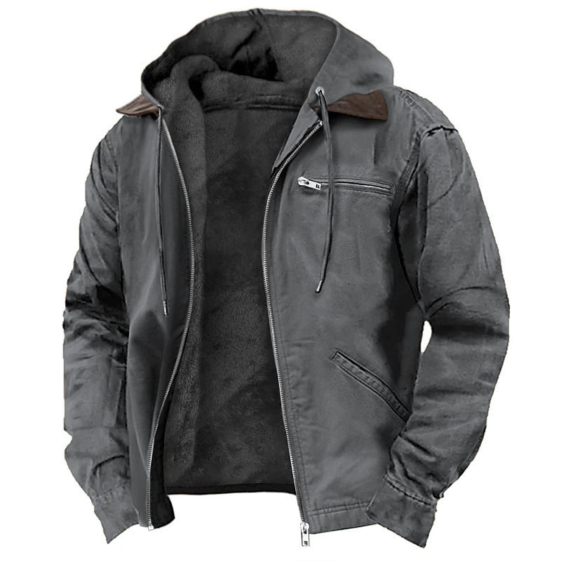 Men's fleece-lined canvas hooded jacket with zip front, rugged durable shell, soft lining, relaxed fit, shown in black.