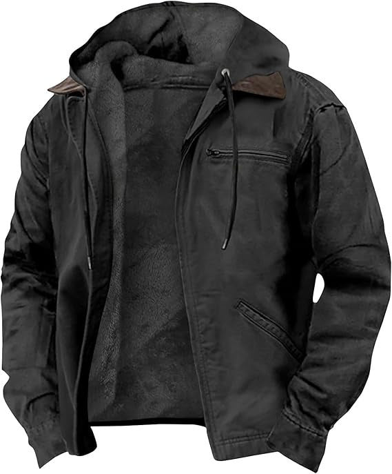 Men's fleece-lined canvas hooded jacket with zip front, rugged durable shell, soft lining, relaxed fit, shown in black.